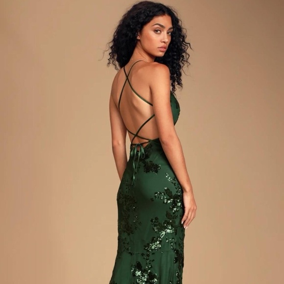 Lulu’s Valhalla Forest Green Sequin Lace-Up Maxi Dress Size Large - Picture 3 of 16